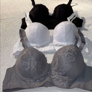 Elegant Lace Underwire Bra Set of 3, Black, White, and Gray size 34B, New in Bag